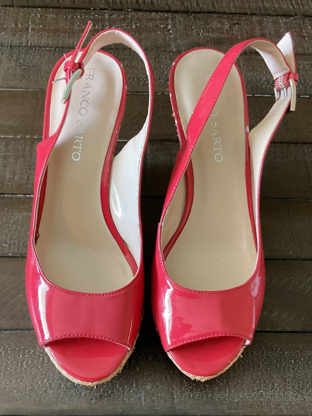 ⭐️ Franco Sarto Sarah Espadrille Wedge Faux Red Patent Leather - size 7.5